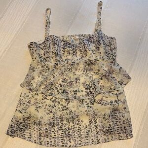 Cabi Women's purple/black/white printed adjustable flutter babydoll tank- S